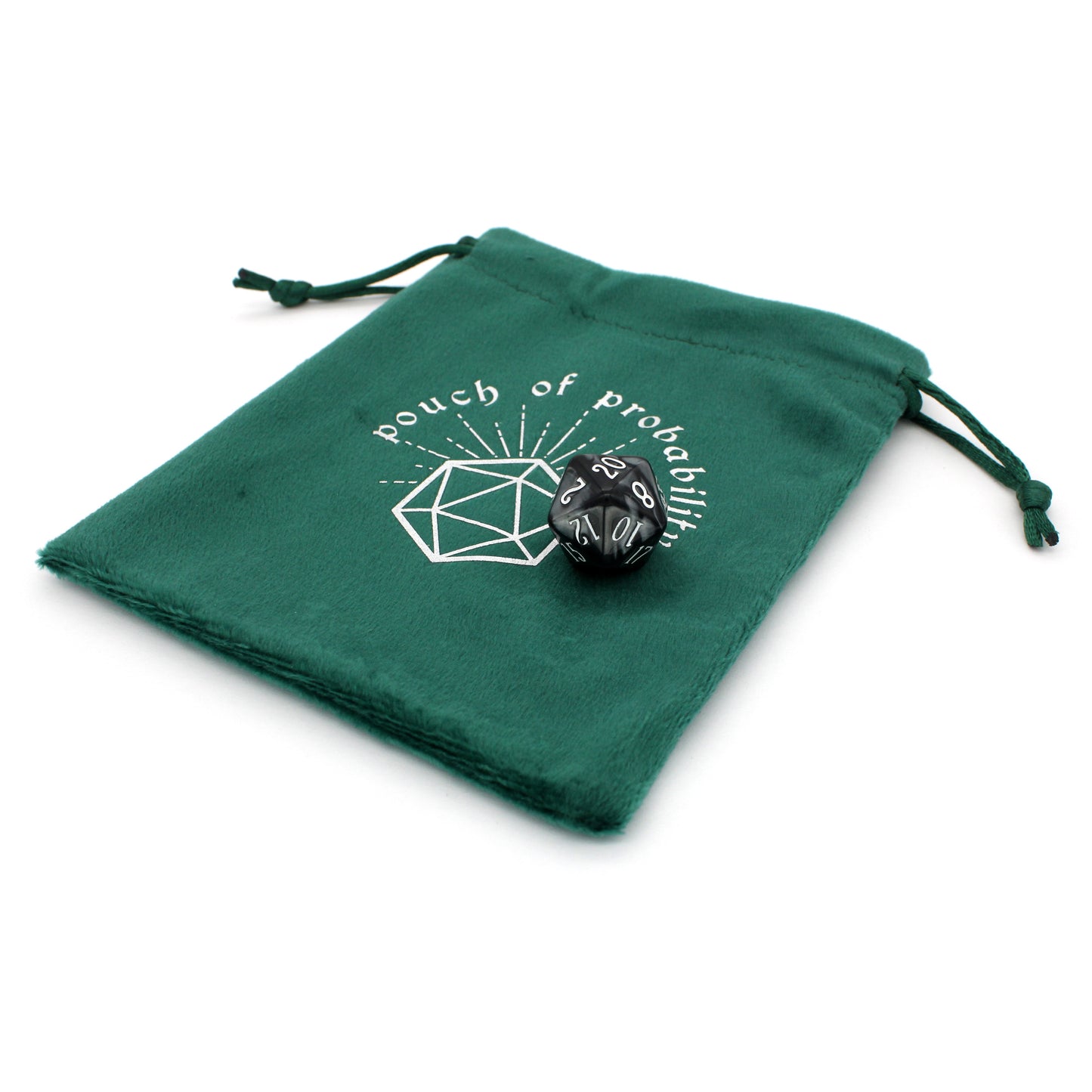 Pouch of Probability is a velvety drawstring dice bag in emerald green with a Dice Envy Original silver hot-stamped design, perfect for holding your favorite sets of dice!