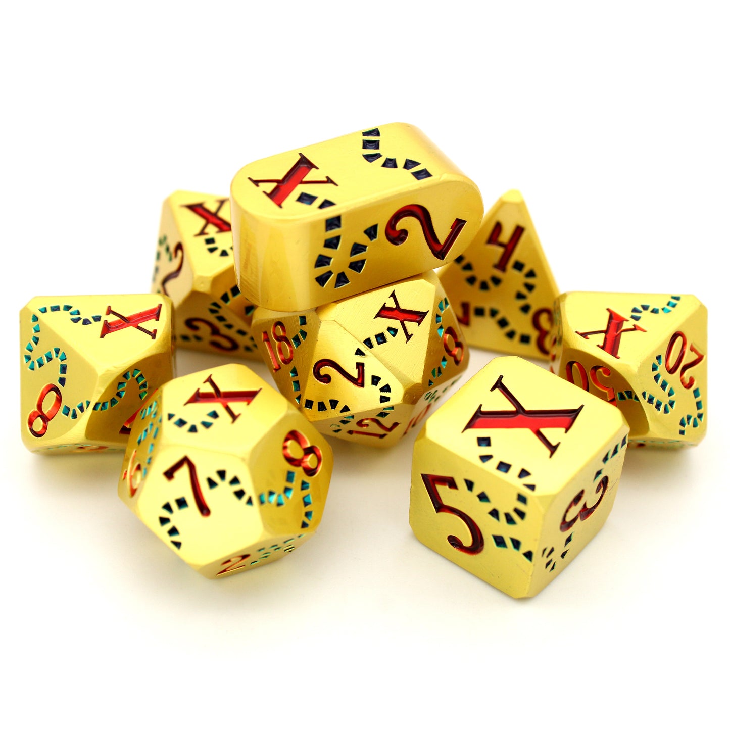 Queen Anne's Revenge is a Dice Envy Exclusive 8-piece set of gold metal dice with a treasure map engraving inked in blue and red. It is part of the Pirate Dice collection.