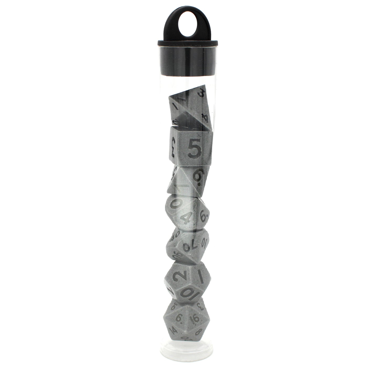 Rascals is a 7-piece set of ancient silver colored 10mm metal dice.