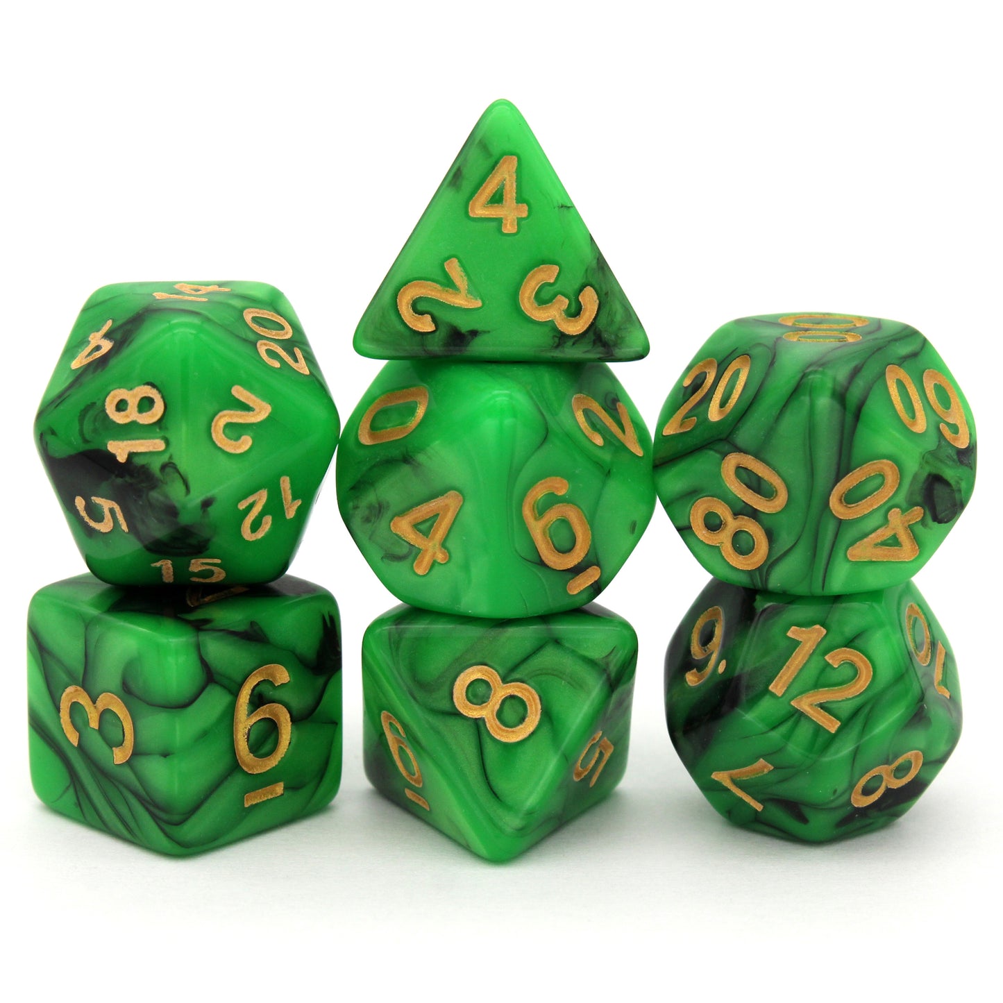 Smells Like Green Spirit is a 7-piece set of swirled green and black dice, inked in gold.