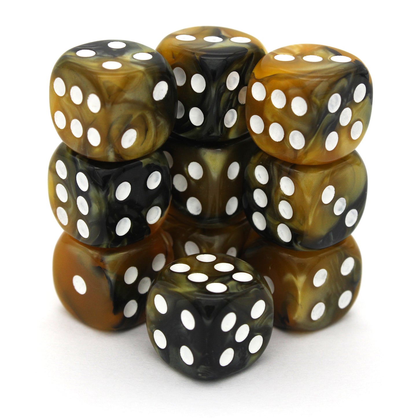 Soldier Drone is a 10-piece set of swirled black and yellow 12mm d6s, with pips inked in white. They are part of our Pip-Squeaks collection.