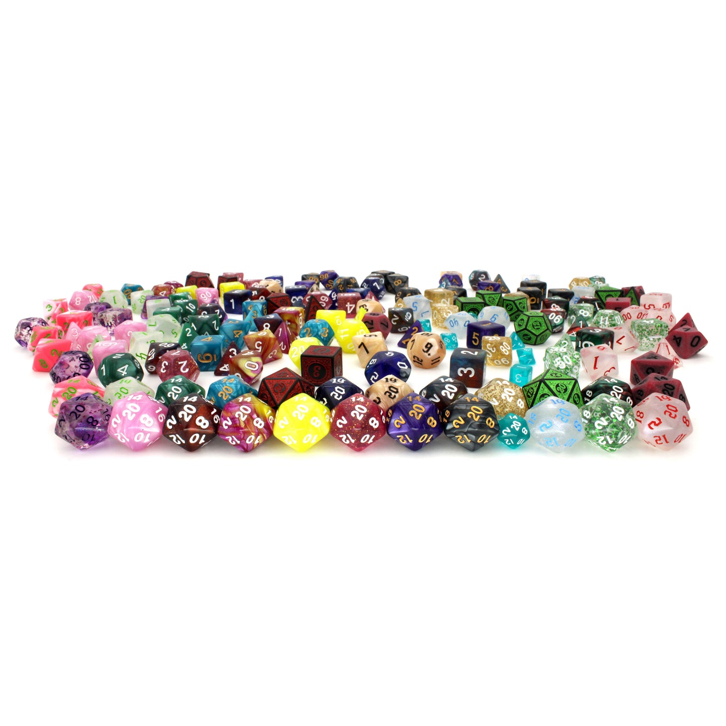 Mystery Starter Sets includes one of each of the following: d4, d6, d8, d10, d%, d12, d20. All dice sets are polymer and in the standard, 16mm size.