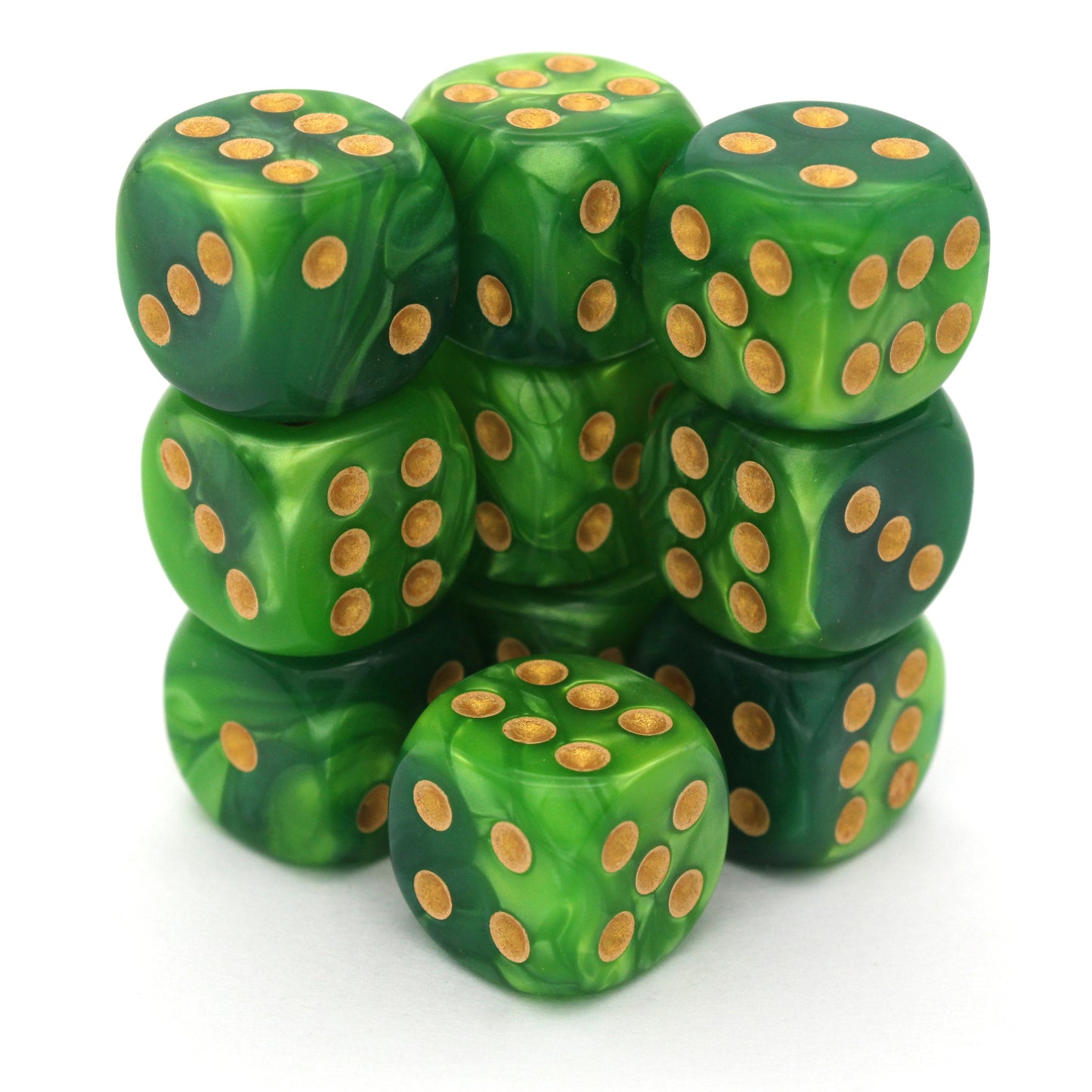 Sylvan Warriors is a 10-piece set of swirled light and dark green 12mm d6s, with pips inked in pale gold. They are part of our Pip-Squeaks collection.