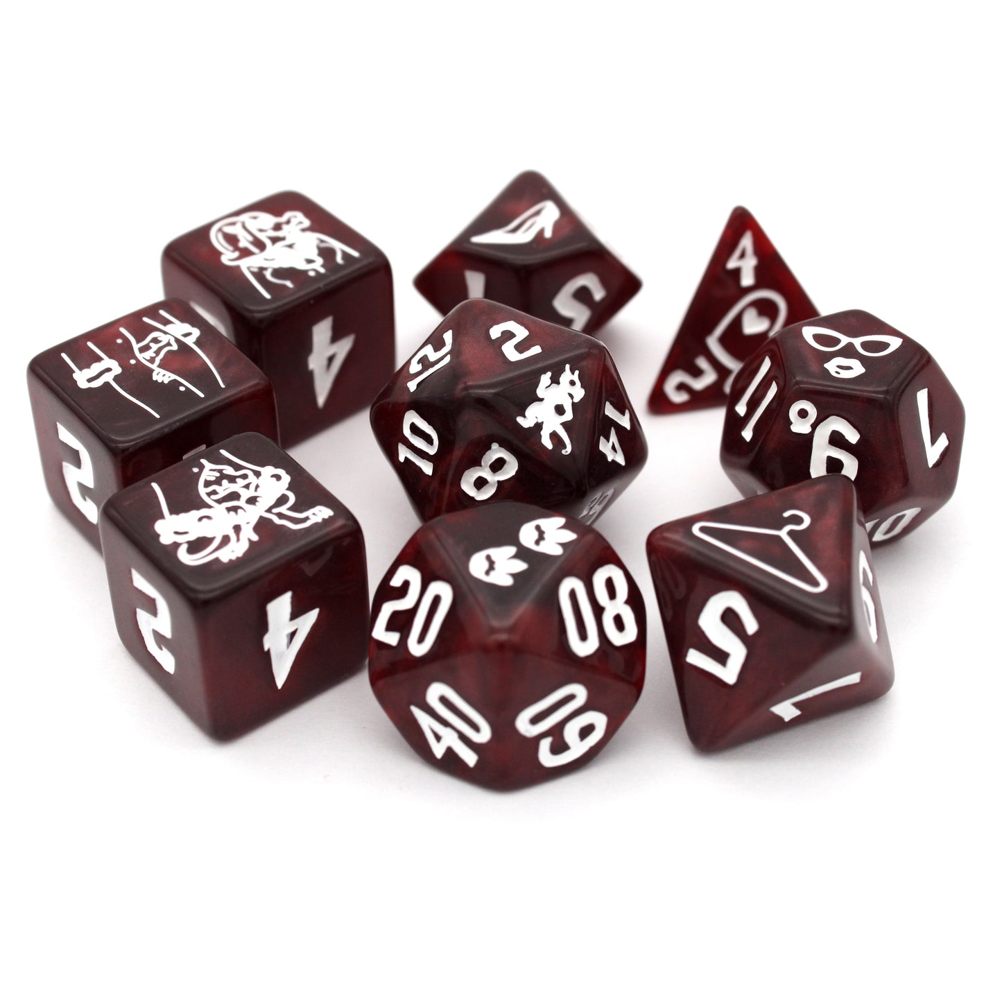 Three Kobolds is a 9-piece swirled red resin set engraved with articles of clothing inked in bright white. Included are 3 d6 that form a totally normal dragonborn in a wig and winter coat.