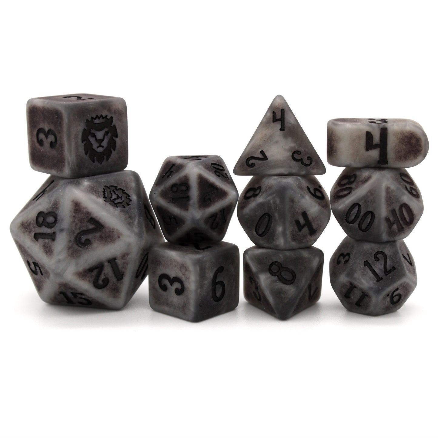 Tombstone (by the die) individual dice are stone-colored acrylic with a matte finish and darkened center pattern. A stony part of our Monstrous Elements collection!