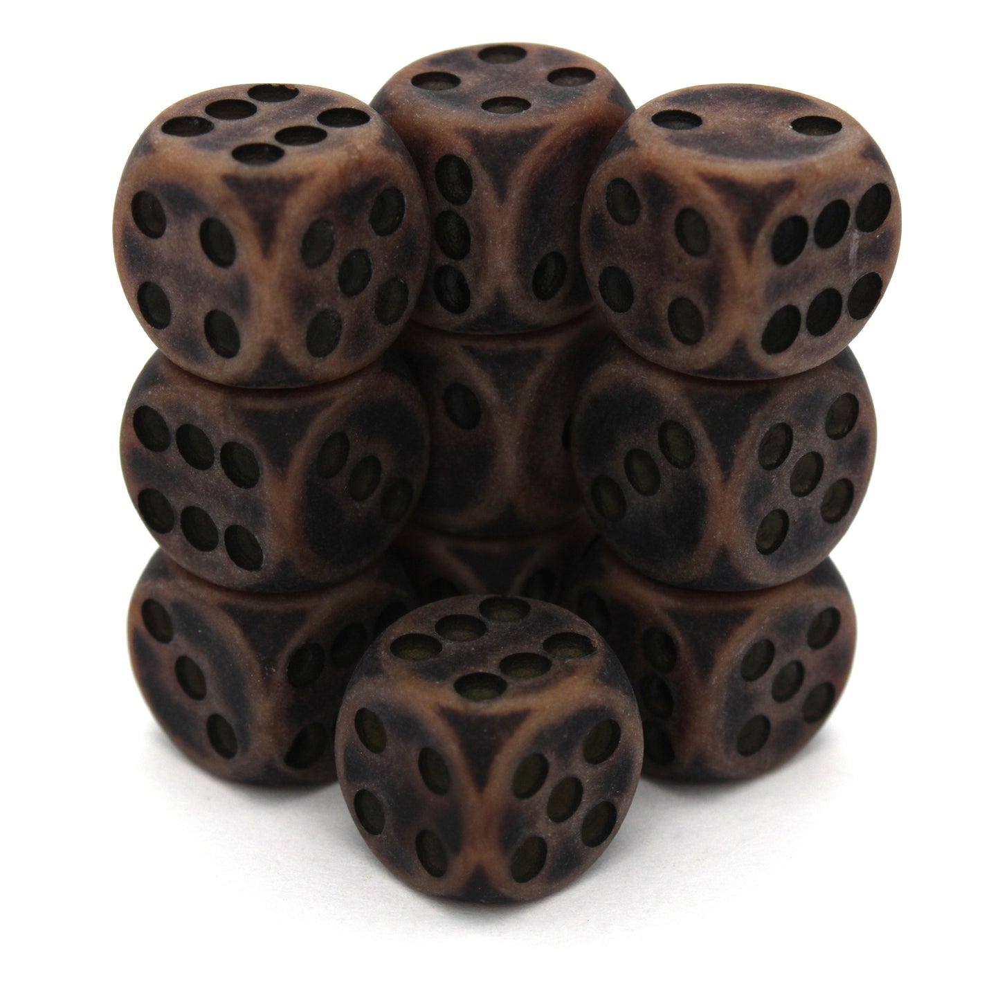Trench Warfare is a 10-piece set of matte brown 12mm d8s, with a dark patina and pips inked in black. They are part of our Pip-Squeaks collection.