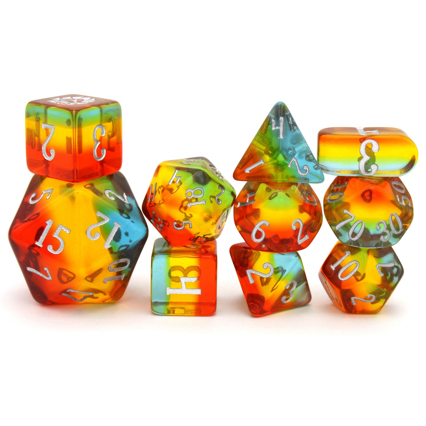 Tropical Paradice is a 10-piece set of translucent, multicolored acrylic dice.