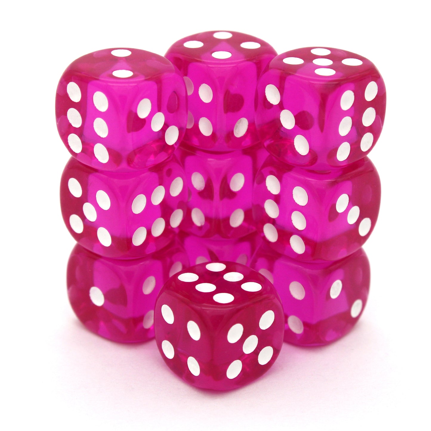 Watermelon Felons is a 10-piece set of translucent pink 12mm d6s, with white inked pips. They are part of our Pip-Squeaks collection.