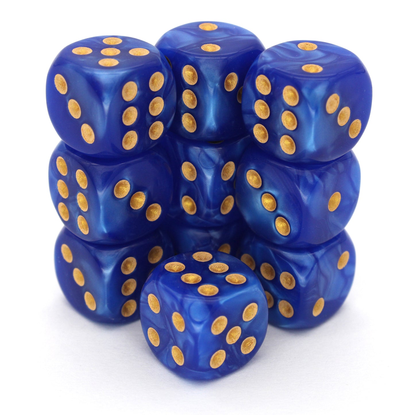 Wave Rider is a 10-piece set of dark opalescent blue 12mm d6s, inked in pale gold. They are part of our Pip-Squeaks collection.
