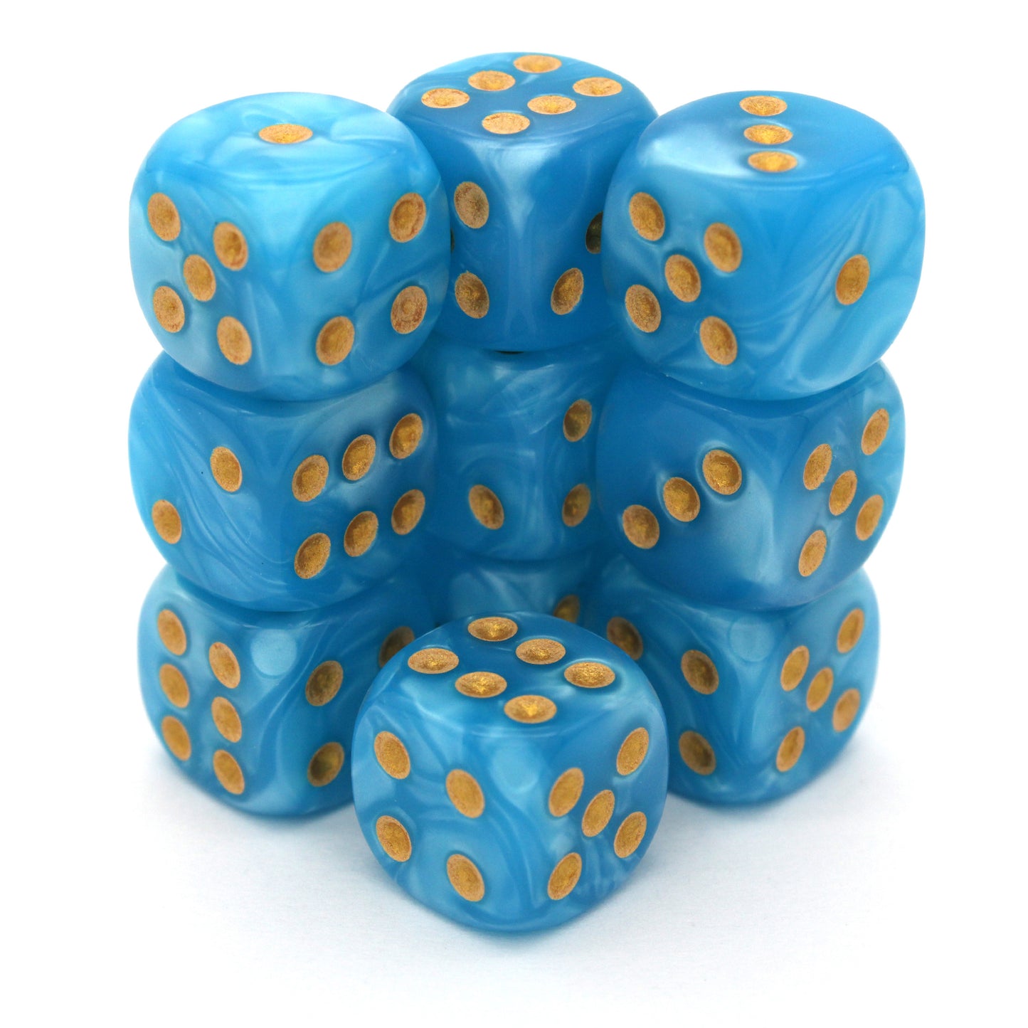 Wind Sailor is a 10-piece set of bright opalescent blue 12mm d6s, inked in pale gold. They are part of our Pip-Squeaks collection.