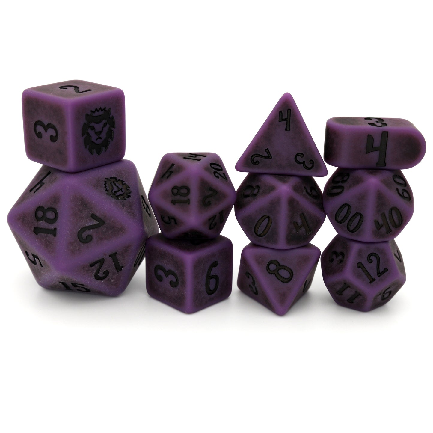 Worm Poison is a 10-piece set of wormy purple resin dice with a matte powder finish and black inking.