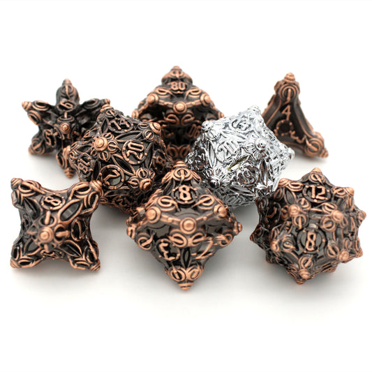 Yesteryear is an 8-piece metal set of copper colored dice with a mechanical design and an extra silver d20.