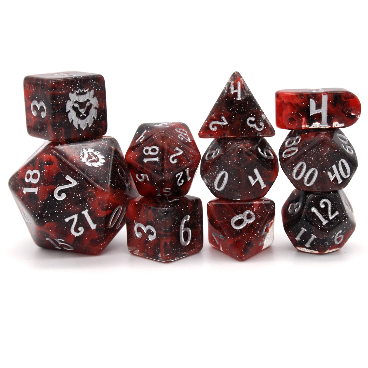 Carina is a 10-piece set of astronomical beauty with clouds of opaque red and glittery translucent black resin that give amazing depth and unique patterning to each set of silver inked dice!