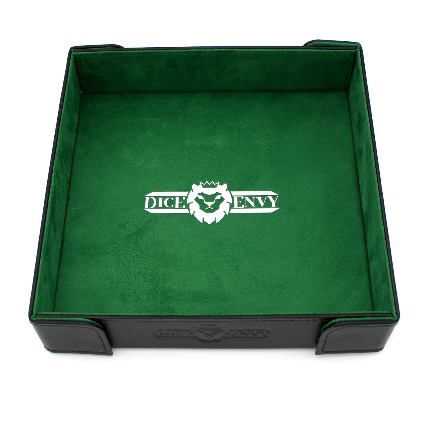 Made of vegan leather and microsuede, our dice trays have hidden magnets that hold them together and are available in druid green, warlock purple, barbarian tan, rogue red, and necromancer black.