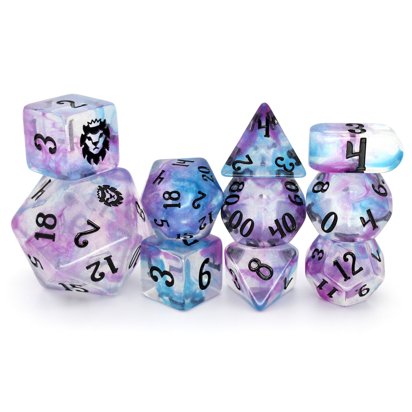 Will-O-Wisp is a 10-piece clear resin dice set with iridescent microglitter and rare pearlescent wisps of blue and purple swirls.