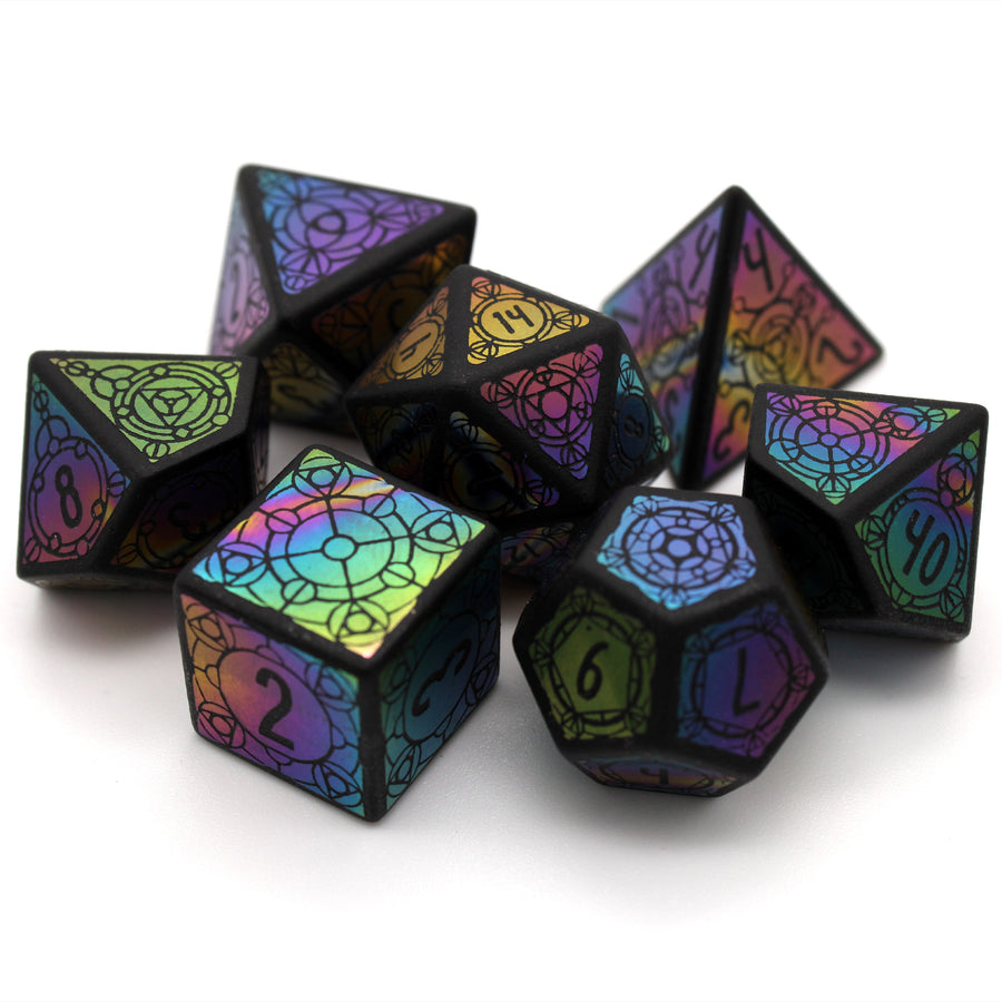DaVinci’s Sanctum, a premium obsidian dice set with iridescent foil by Dice Envy
