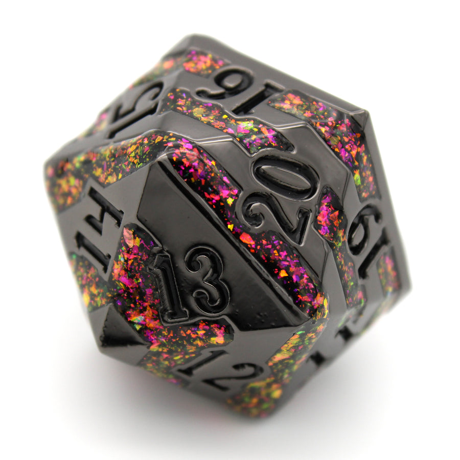 A Red Run spindown d20 life counter from Dice Envy, featuring the Cyberpunks dice design