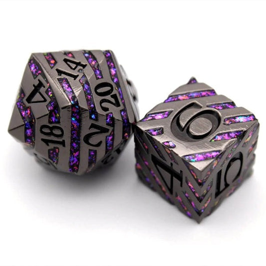 arcane vein glittery purple striped metal dice set dnd