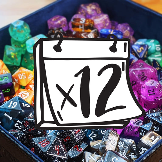 Each month you will receive a different signature 10-piece set of dice: a pyramid d4, a d6, a d8, a d10, a percentile d10, a d12, and a d20 PLUS an Infinity d4, a Logo d6, and a 35mm Chonky d20. We select one unique set per month for subscriptions, so multiple quantities of this subscription will result in duplicate sets!