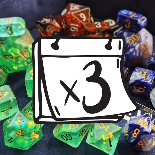 Each month you will receive a different signature 10-piece set of dice: a pyramid d4, a d6, a d8, a d10, a percentile d10, a d12, and a d20 PLUS an Infinity d4, a Logo d6, and a 35mm Chonky d20. We select one unique set per month for subscriptions, so multiple quantities of this subscription will result in duplicate sets!