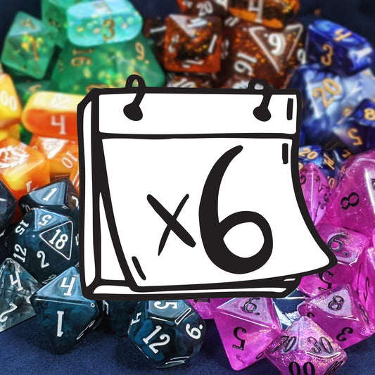 Each month you will receive a different signature 10-piece set of dice: a pyramid d4, a d6, a d8, a d10, a percentile d10, a d12, and a d20 PLUS an Infinity d4, a Logo d6, and a 35mm Chonky d20. We select one unique set per month for subscriptions, so multiple quantities of this subscription will result in duplicate sets!