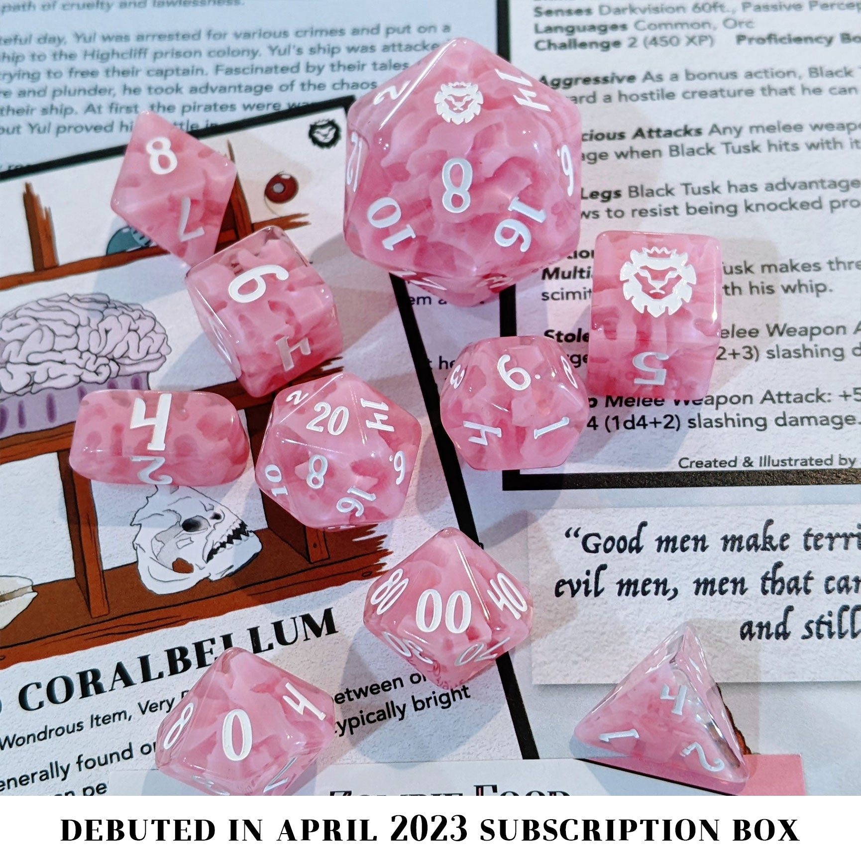 Zombie Food is a 10-piece translucent resin set with squiggly pink inclusions, inked in bright white.