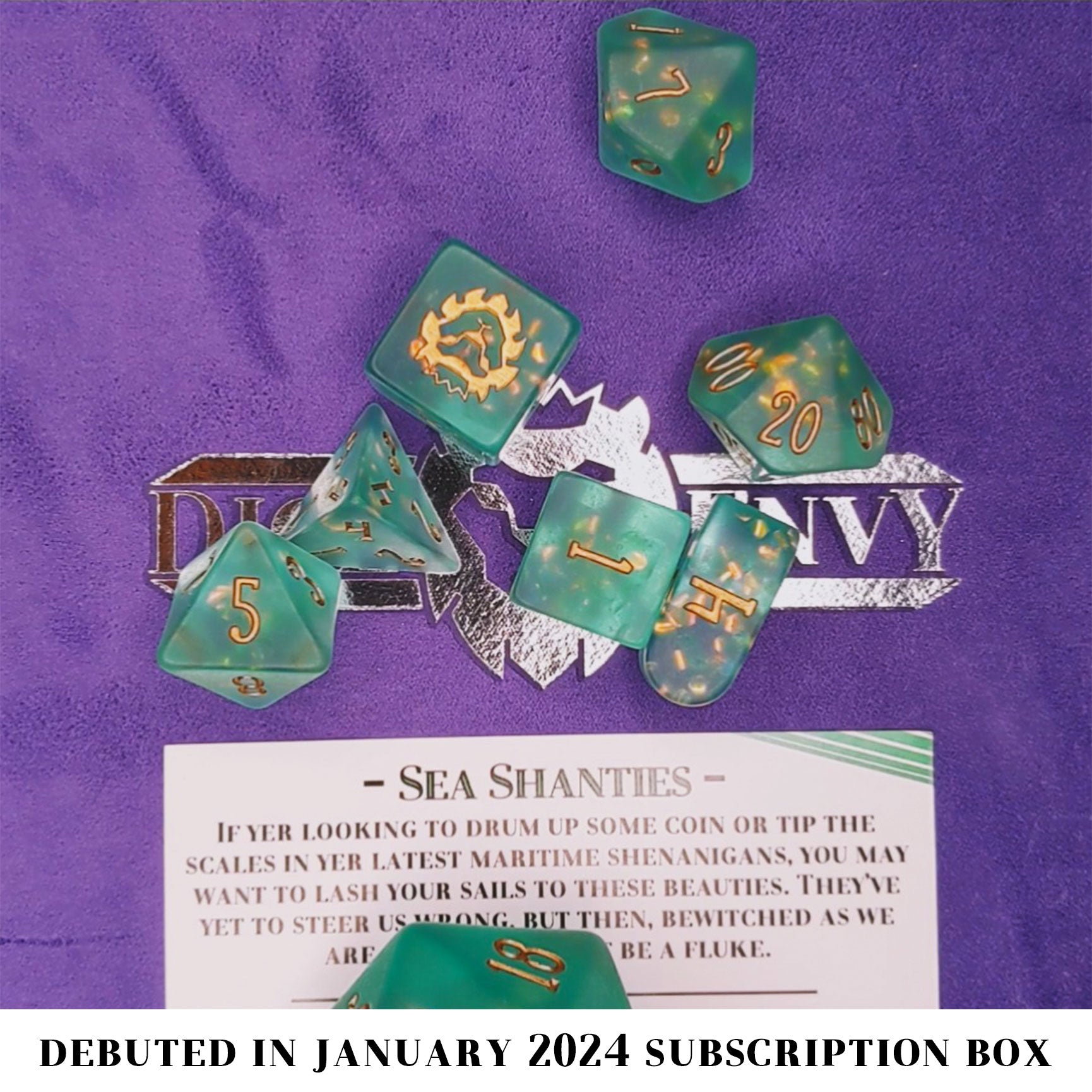 Sea Shanties is a 10-piece set of ocean green resin with magical iridescent scale inclusions and bronze ink.