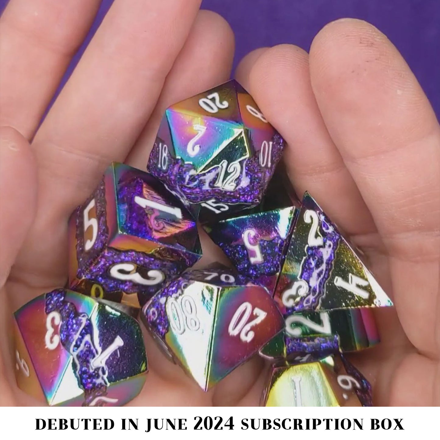 Rainbow Rebellion is an 8-piece neochrome metal set streaked through with vibrant purple glitter enamel and inked in blinding white.