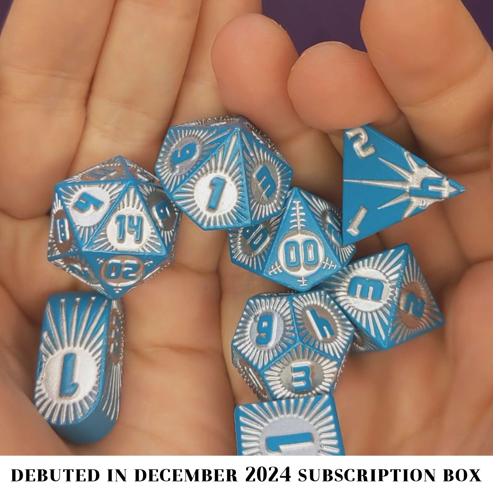 Warp Speed Delta is an 8-piece Dice Envy Exclusive metal set in matte teal with silver ink, featuring our original Alpha design, brought to you for the first time in metal!