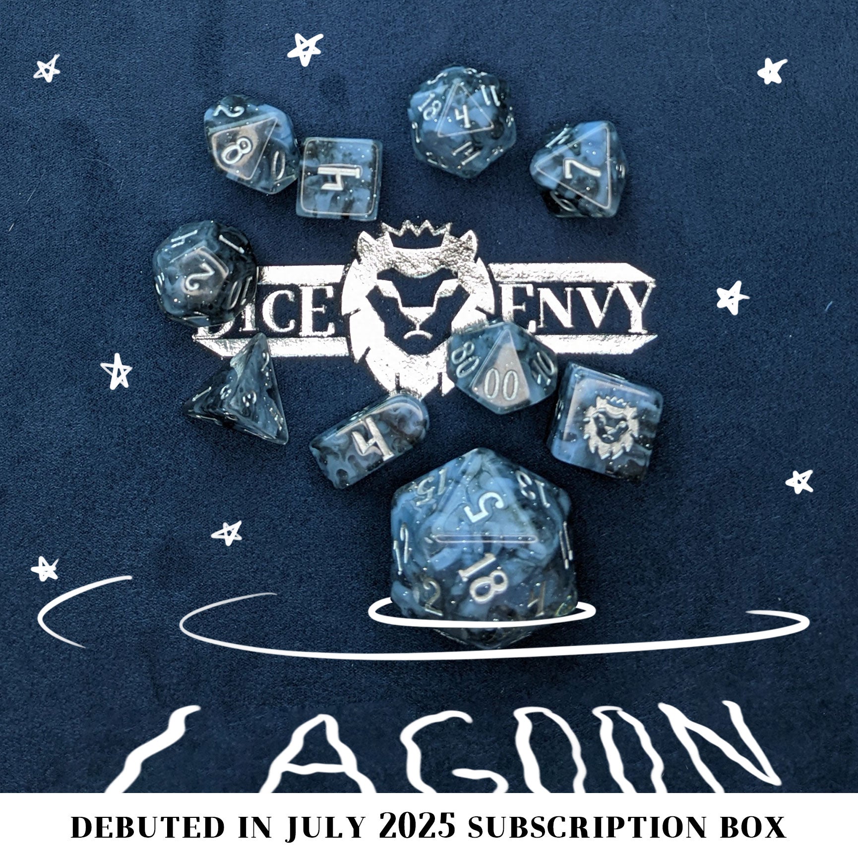 Lagoon is a 10-piece resin set featuring billowing clouds of light blue and glittery translucent black, inked in luminous silver.