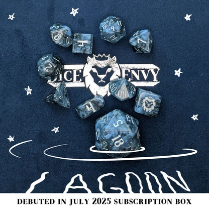 Lagoon is a 10-piece resin set featuring billowing clouds of light blue and glittery translucent black, inked in luminous silver.