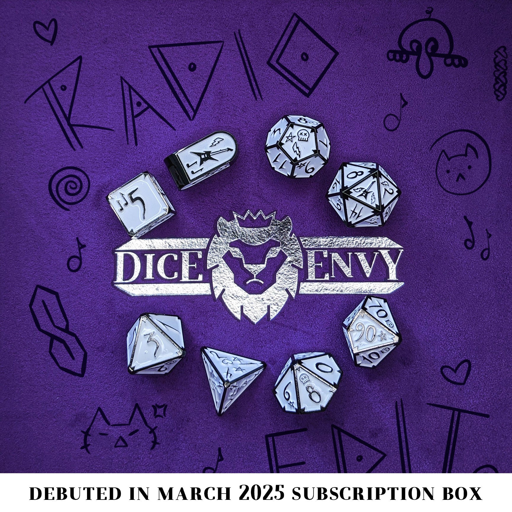 Radio Edit is an 8-piece Dice Envy Original set in black metal and white enamel, embellished with guitars and punk notebook marginalia.