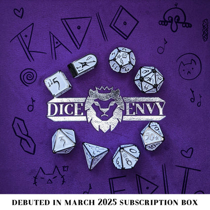 Radio Edit is an 8-piece Dice Envy Original set in black metal and white enamel, embellished with guitars and punk notebook marginalia.