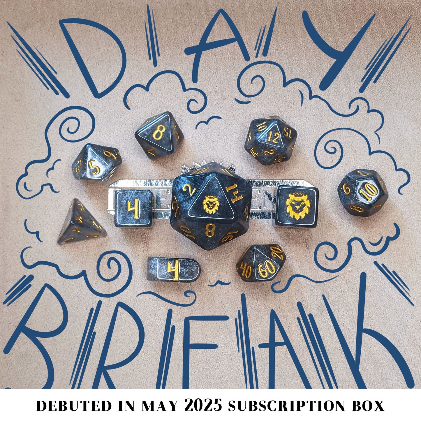Daybreak is a 10-piece set of shimmering, silvery, grey acrylic dice, inked in gold.