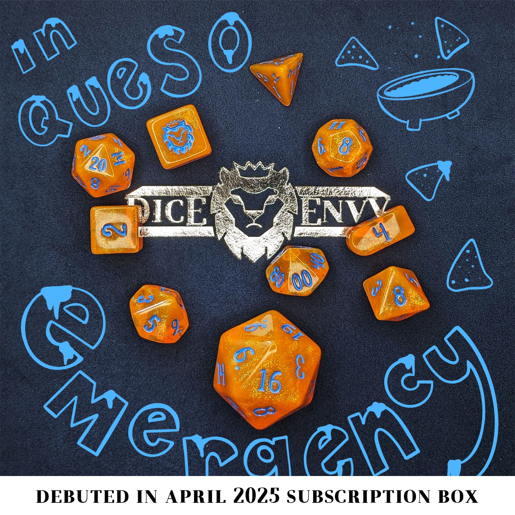 In Queso Emergency is a 10-piece semi-transparent orange resin set filled with micro glitter, and inked in bright blue.