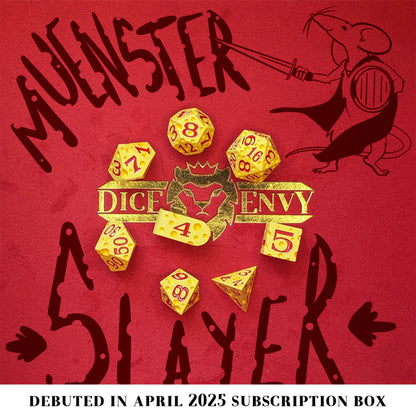 Muenster Slayer is an 8-piece metal set in cartoon-mouse-bait yellow, inked in bright red.