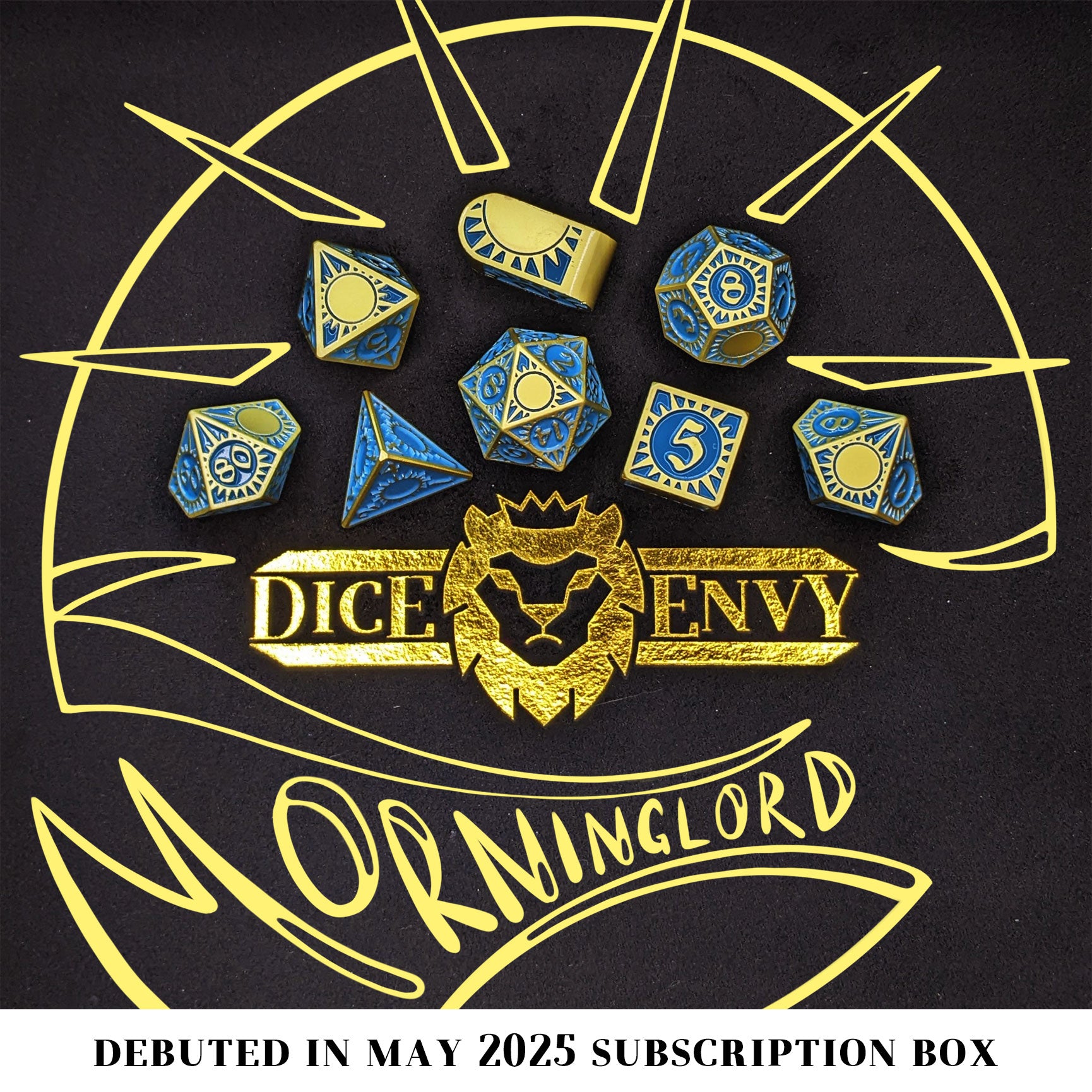 Morninglord is a Dice Envy Original 8-piece metal set of gold-toned zinc dice, filled with teal enamel.