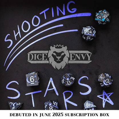 Shooting Stars is an 8-piece standard set of metal dice featuring stars, comets, and a contrasting d20 to give your wish advantage on coming true!