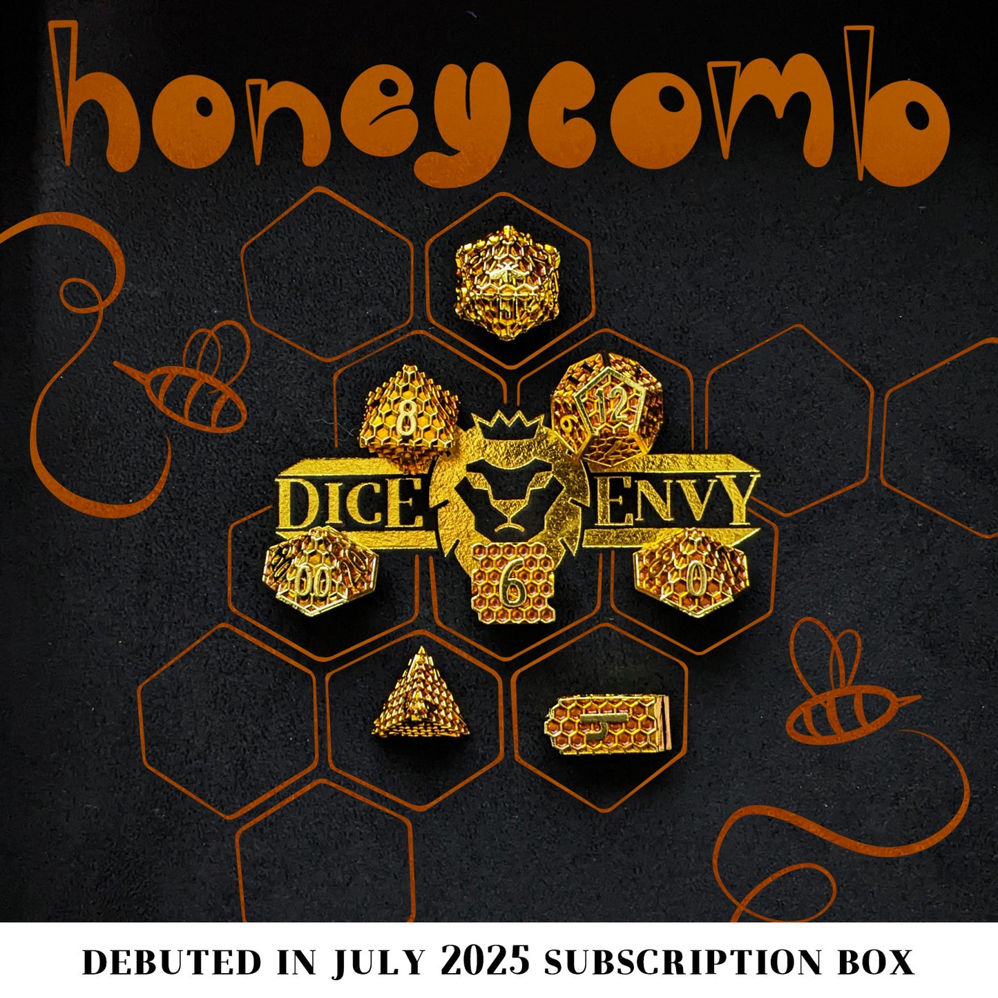 Honeycomb is an 8-piece Dice Envy Original set of honeycomb patterned dice, plated in bright gold and filled with amber enamel.