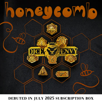 Honeycomb is an 8-piece Dice Envy Original set of honeycomb patterned dice, plated in bright gold and filled with amber enamel.