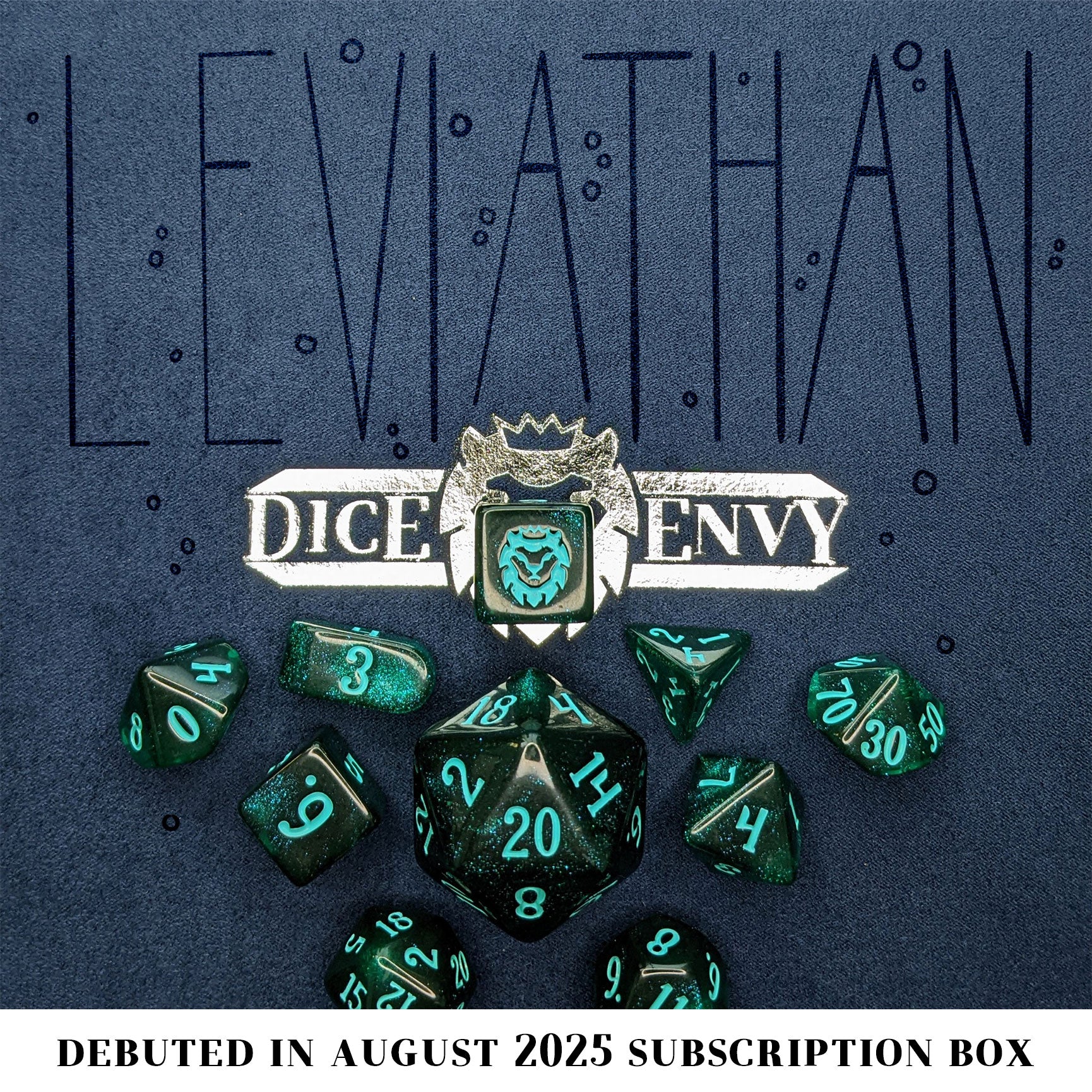 Leviathan is a 10-piece set of dark teal acrylic dice, filled with glistening blue glitter and inked in seafoam green.