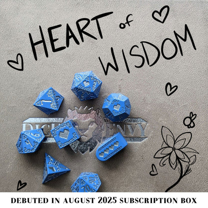 Heart of Wisdom is an 8-piece Dice Envy Original metal set in bright blue with silver ink. An echo and partner to our Heart of Courage set.