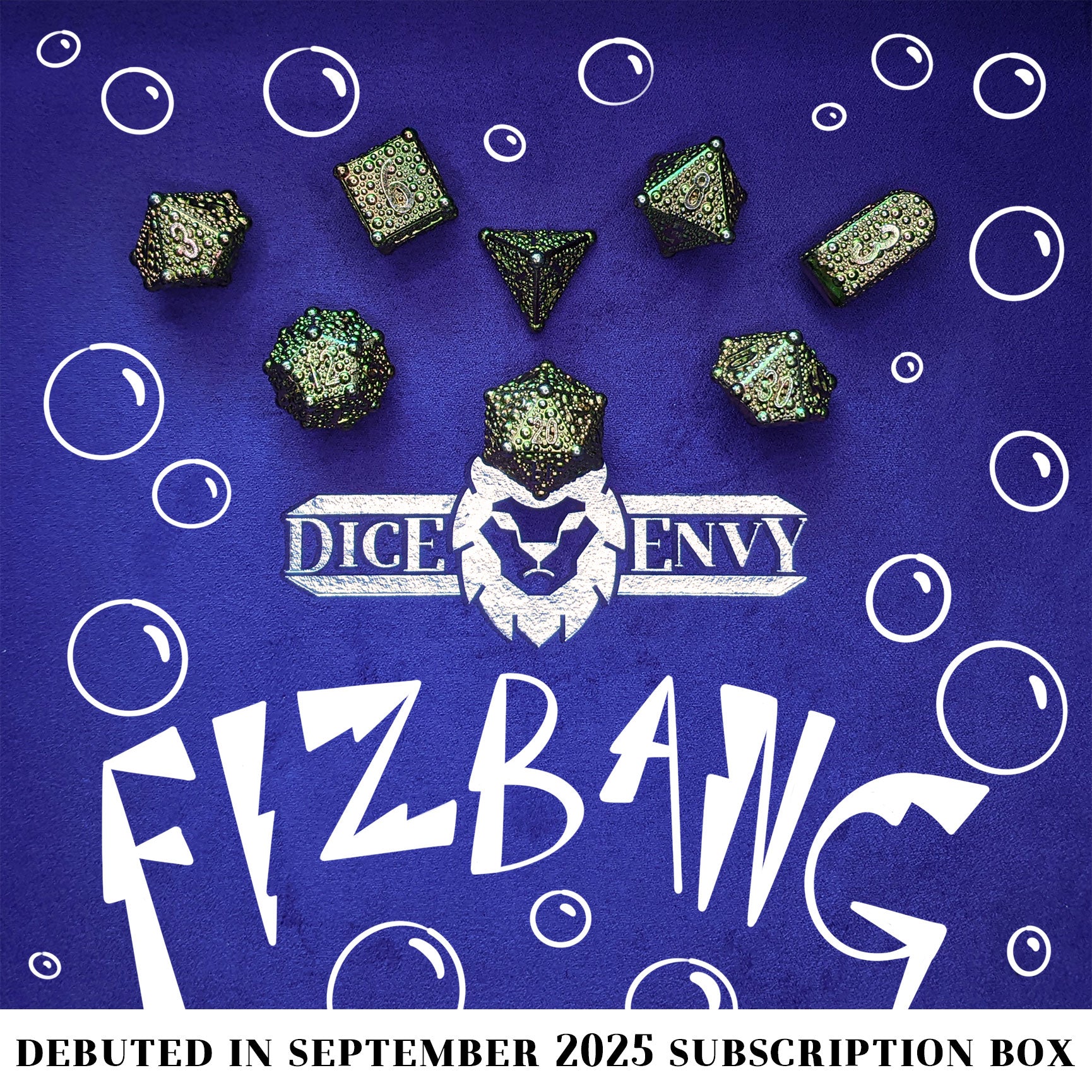 Fizbang is an 8-piece Dice Envy Original metal dice set, in color shifting green to orange anodized zinc.