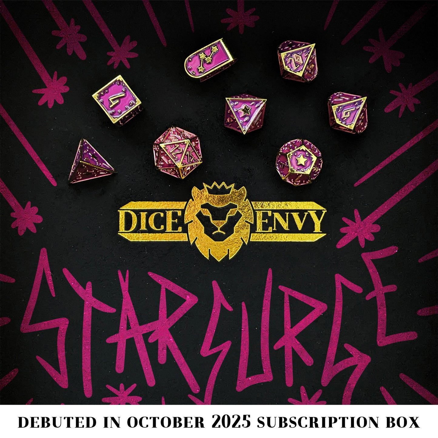 Starsurge is an 8-piece, bright gold metal set in our Dice Envy Original Star mold, filled with fuchsia purple enamel.