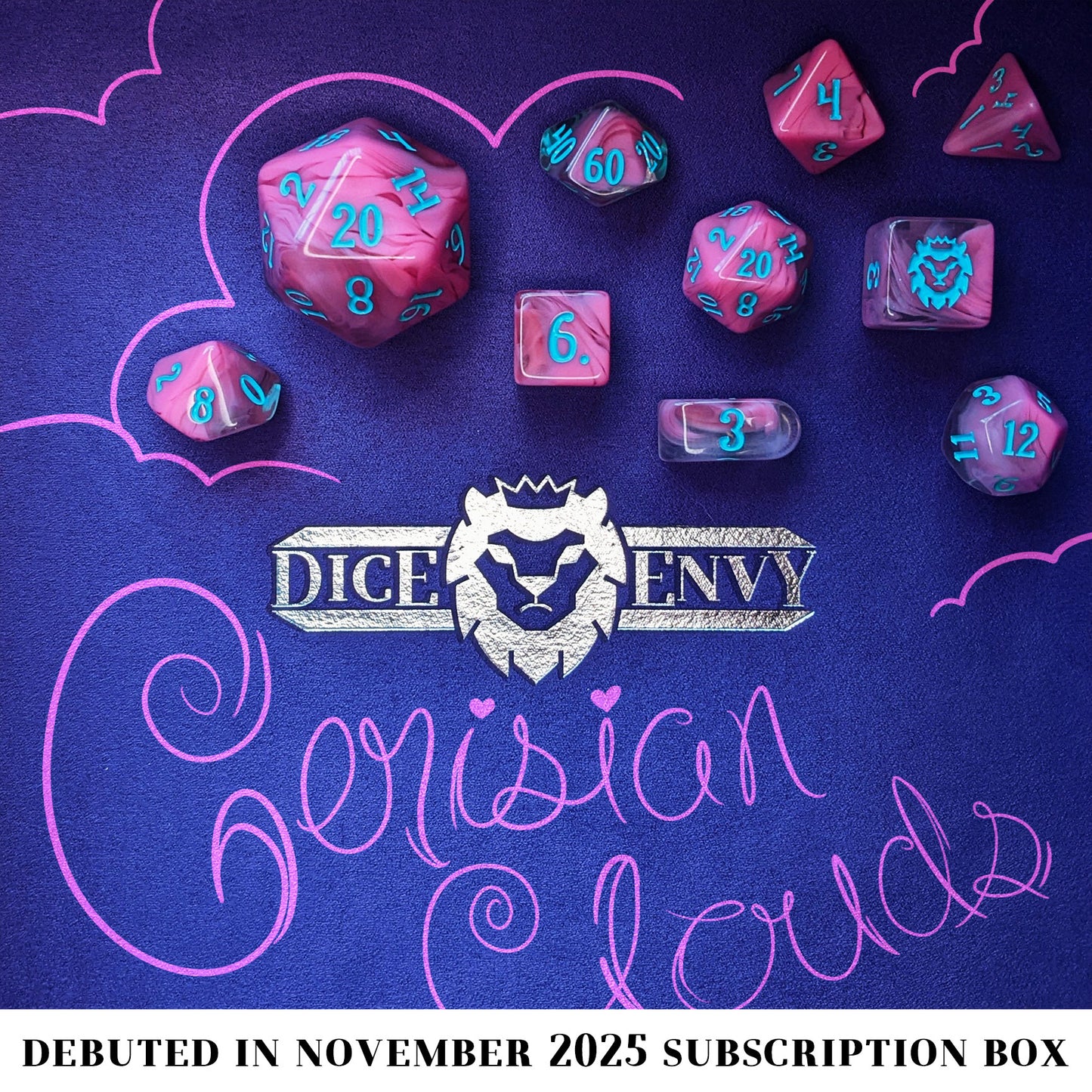 Cerisian Clouds is a 10-piece clear acrylic set swirled with bright pink and inked in robin's egg blue.