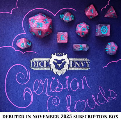 Cerisian Clouds is a 10-piece clear acrylic set swirled with bright pink and inked in robin's egg blue.