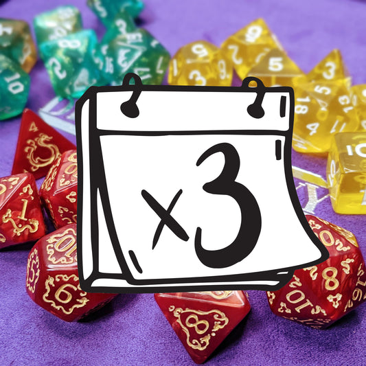 Each month you will receive a different standard 7-piece set of dice: a pyramid d4, a d6, a d8, a d10, a percentile d10, a d12, and a d20. We select one unique set per month for subscriptions, so multiple quantities of this subscription will result in duplicate sets!