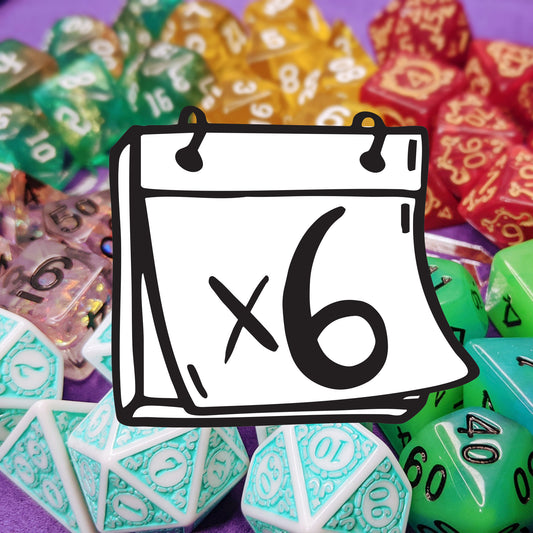 Each month you will receive a different standard 7-piece set of dice: a pyramid d4, a d6, a d8, a d10, a percentile d10, a d12, and a d20. We select one unique set per month for subscriptions, so multiple quantities of this subscription will result in duplicate sets!