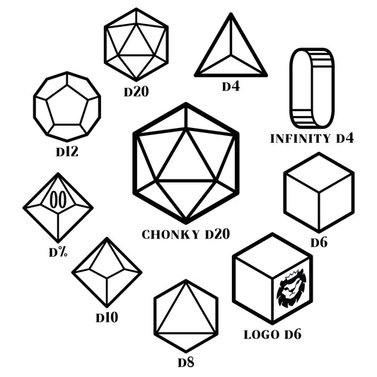 Strange and Unusual (by the die) are individual black and purple acrylic dice, inked in bug guts green.
