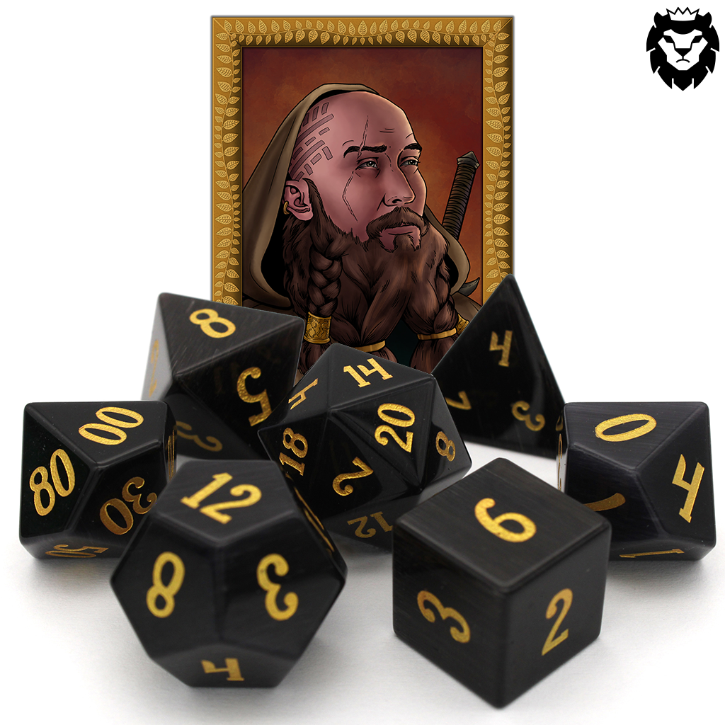 Dark Night is a 7-piece set of black, cat's eye glass dice with gold numbering.